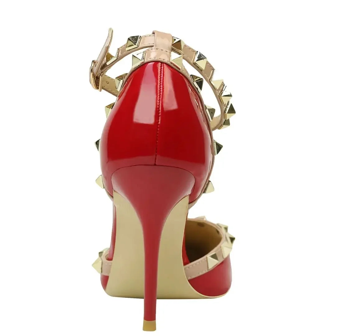 Rivet Pointed Toe High Heels Designer Sandals - Red Fine High Heel Sexy Sandals for Women