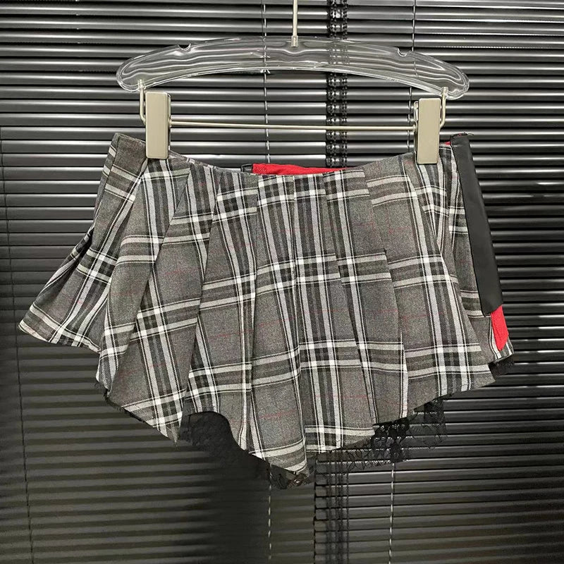 Cotton Lace Patchwork Plaid Skirt