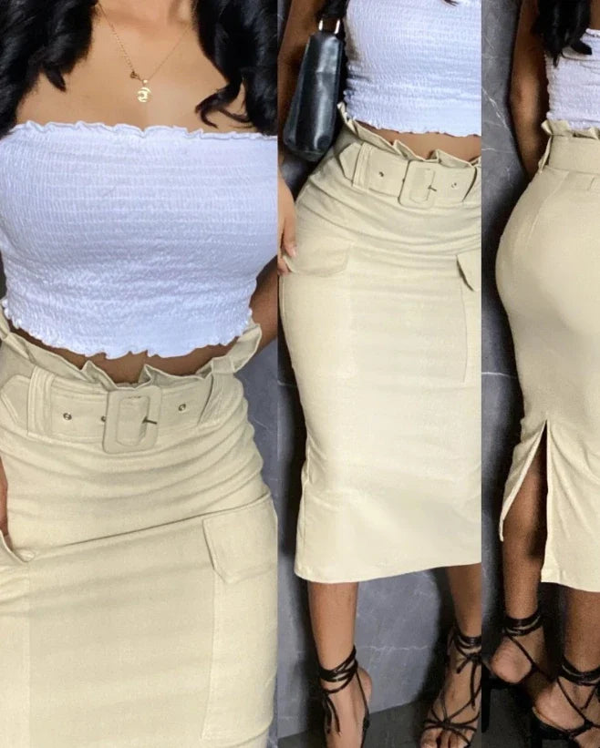 Motorcycle PU Leather Split Skirt khaki / S