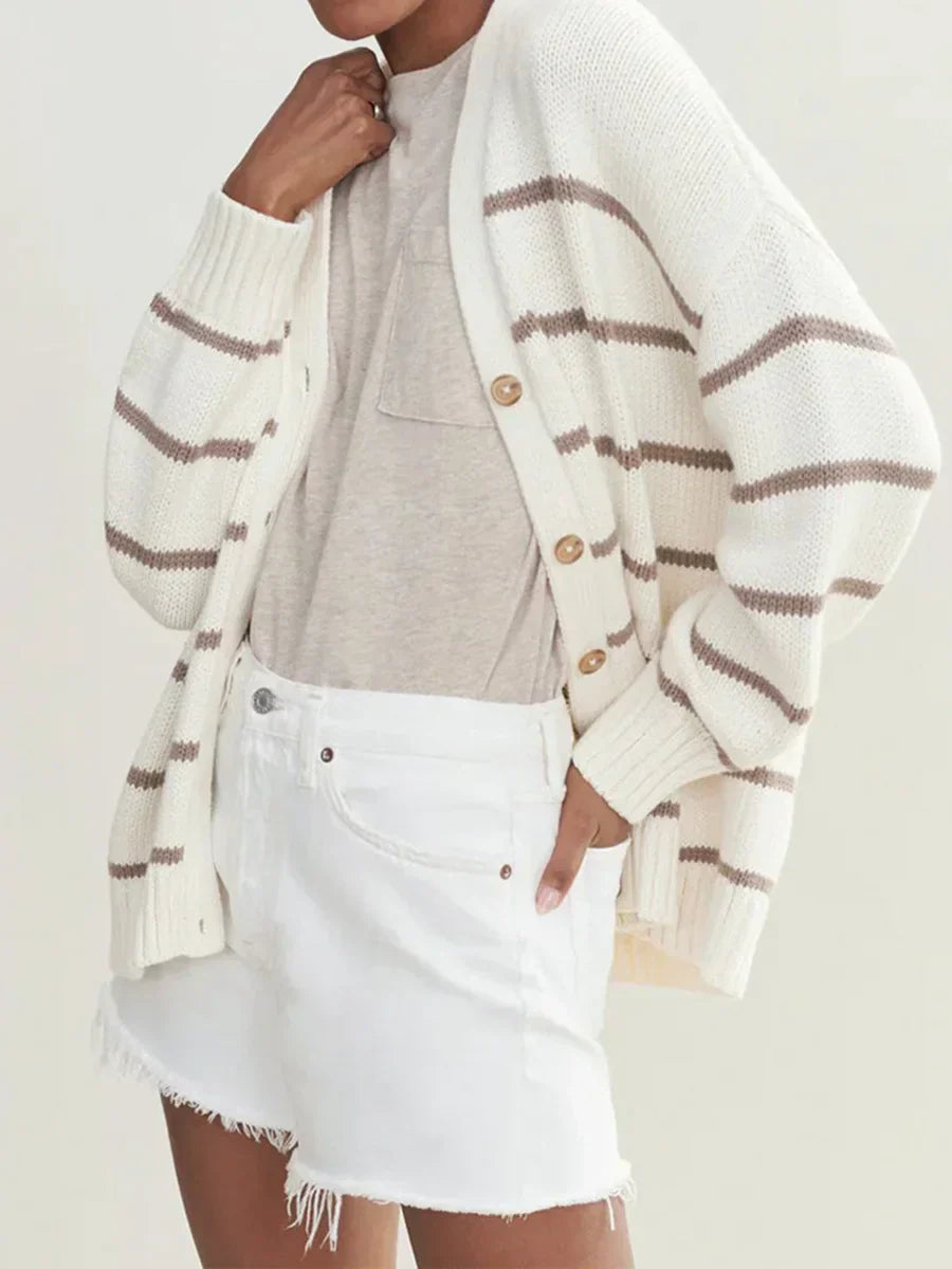 Striped V Neck Knit Cardigan Khaki / S