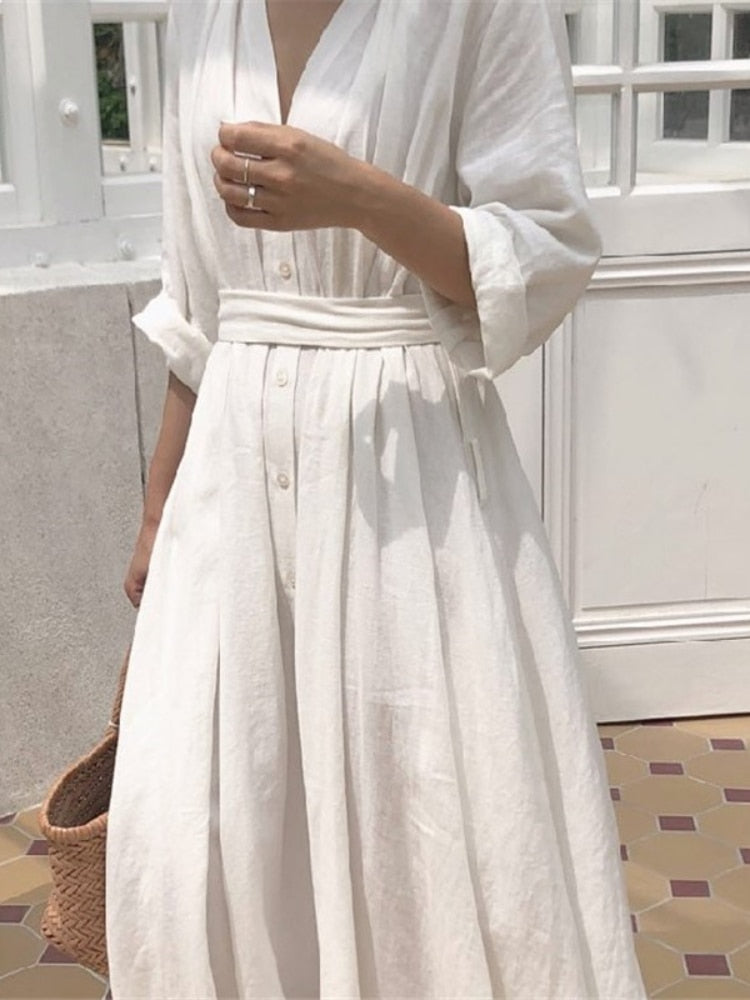 2024 Spring Linen Trendy Female Fashion Korean Sleeved Autumn Solid Blouse Gown Loose Folded Long Fitting Clothing