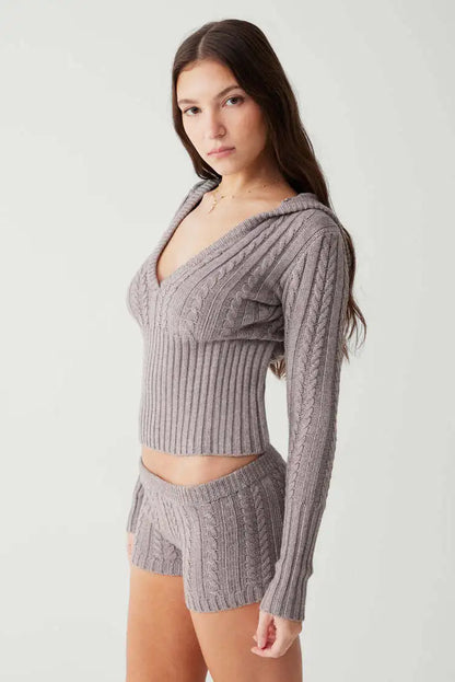 Long Sleeve Knitted V-Neck Graceful Hooded Sweater And Shorts Set