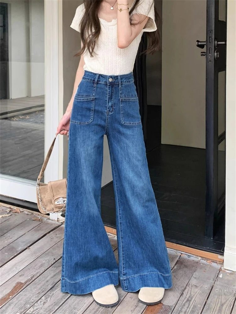 Women's Vintage Style Micro Flared Street Girl Bottoms High Waisted Pant Female Fashion Blue Denim Wide Leg Jeans