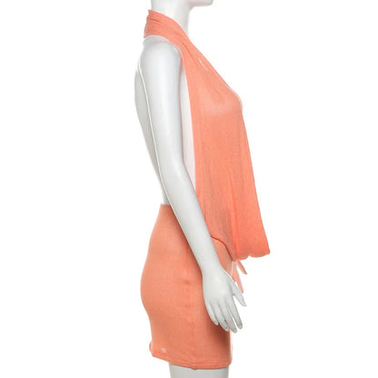 Orange Deep Neck Draped Graceful Knit Sheer Mini Dress