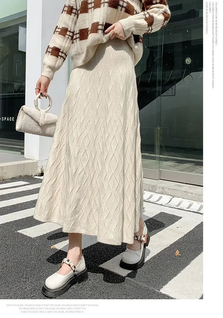 Drooping Elegant A-line High Waist Slim Woolen Comfortable Trendy Long Skirt