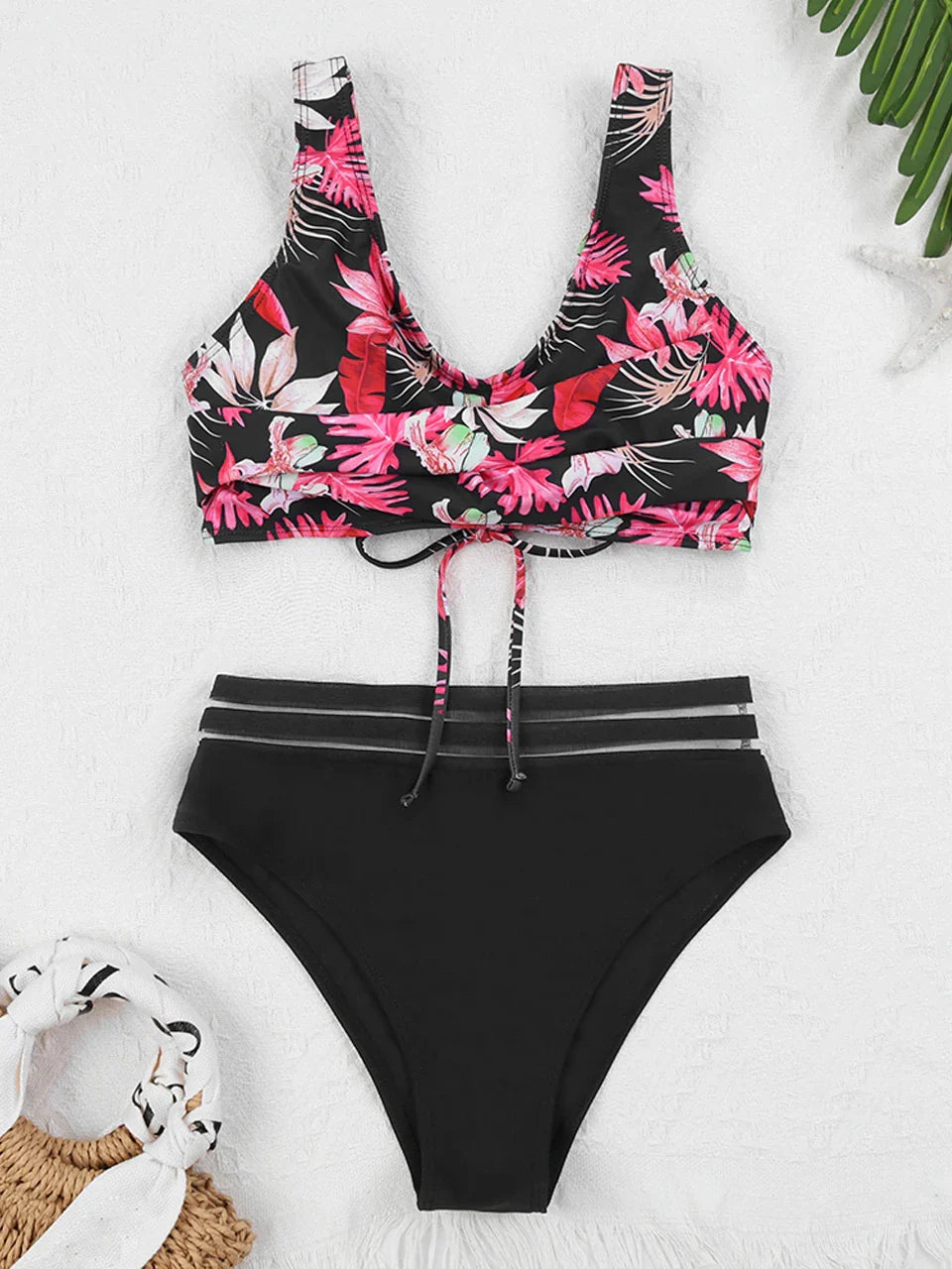 Drawstring Strap Tape Print Two Piece Set Red / S