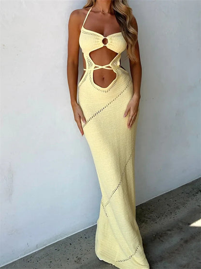 Women Sleeveless Halter Knitted  Solid Color Front Cutout Backless Tie-Up Slim Beach Summer Vestidos