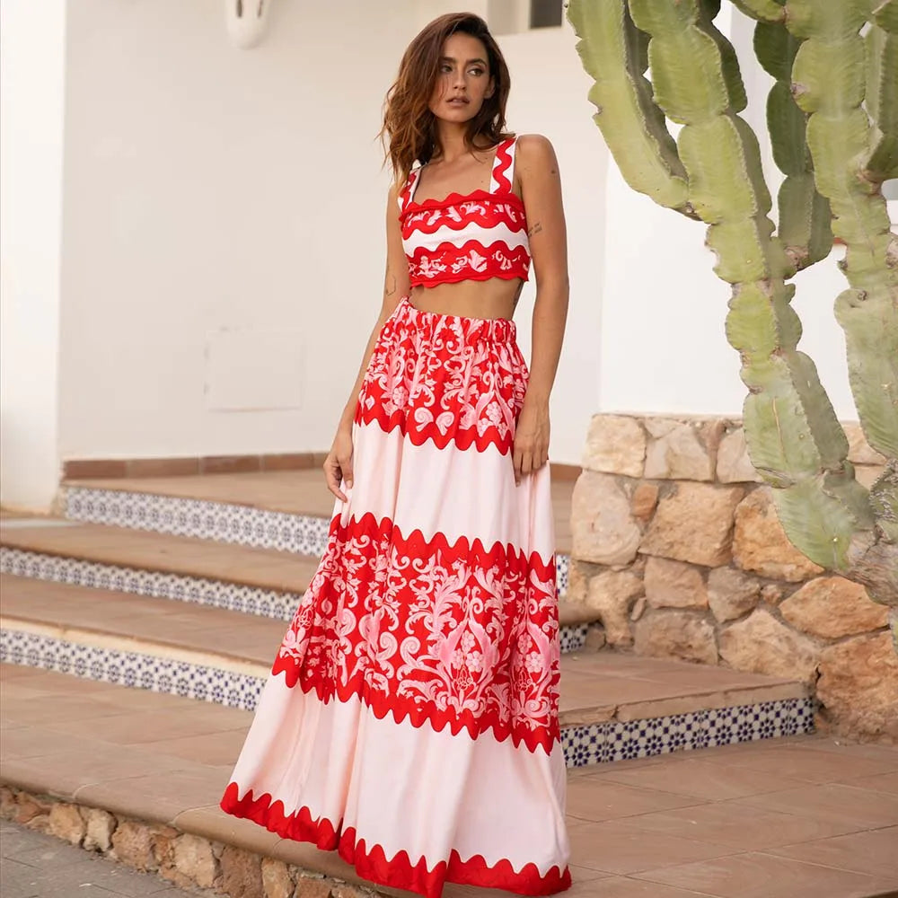 Red Wavy Stripes Skirt Two Piece Set