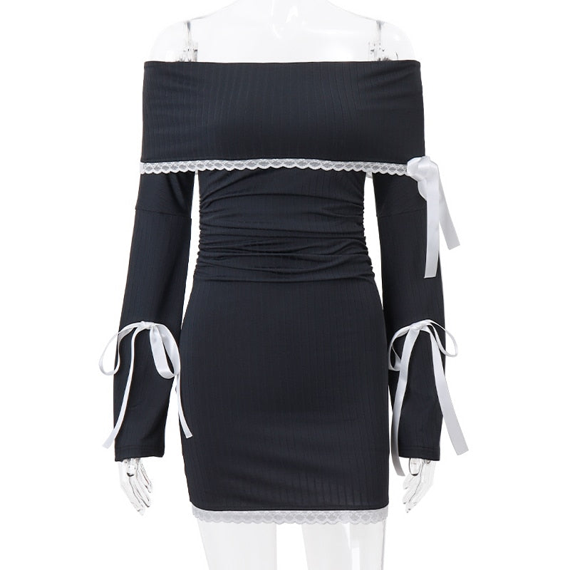 Black Long Sleeve Charming Off-Shoulder Bow Mini Dress
