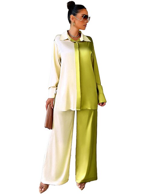 Casual - Set Elegant Women's Long and with Outfit Wide Solid Two Piece Arm Blouse Leg Loose Satin Pants