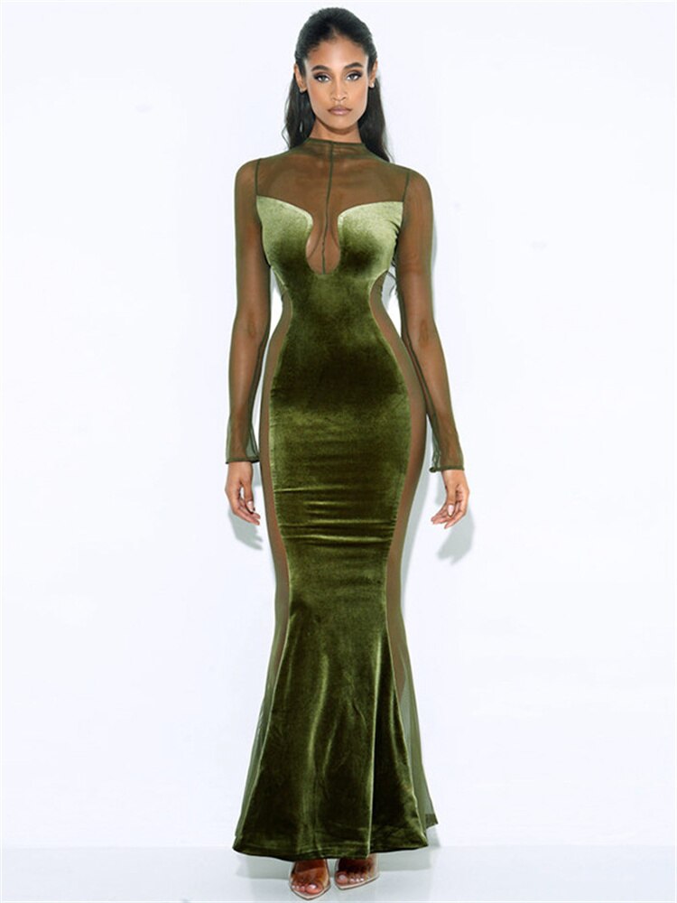 O Elegant Arm Dresses Fashion Full-Length Through Fall Party Gown Club Neck For Outfits Sexy - Long