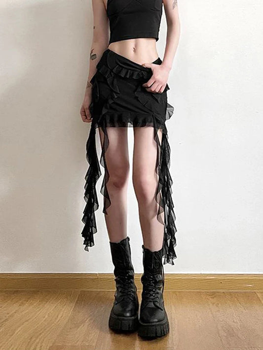 Mesh Patchwork Ruffled Mini Skirt Black / S