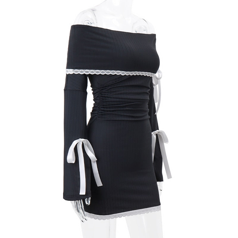Black Long Sleeve Charming Off-Shoulder Bow Mini Dress