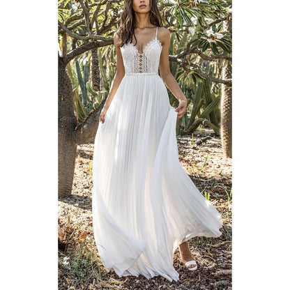 White Lace Maxi V-Neck Slim Sleeveless Boho Dress