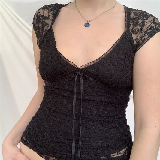 Enchantingcore Edgy V Neck Lace Crop Top black / S