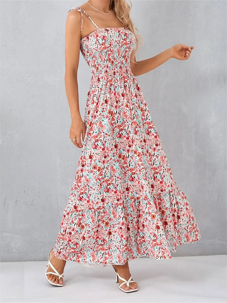 Vintage Women Sleeveless Tie-up Spaghetti Strap Floral Print Summer  Party Beach Female Vestidos