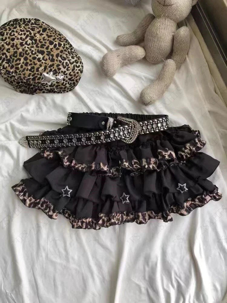 Leopard Vintage Sweet A-line Skirt Black / S