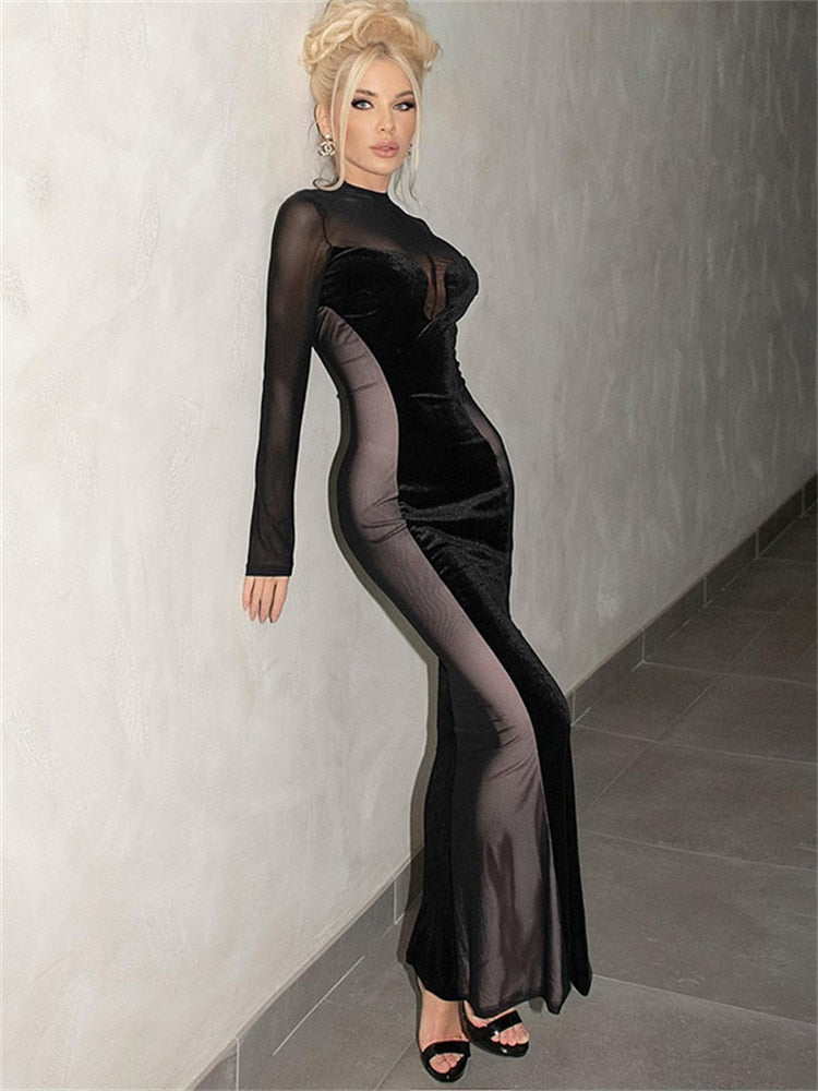 O Elegant Arm Dresses Fashion Full-Length Through Fall Party Gown Club Neck For Outfits Sexy - Long