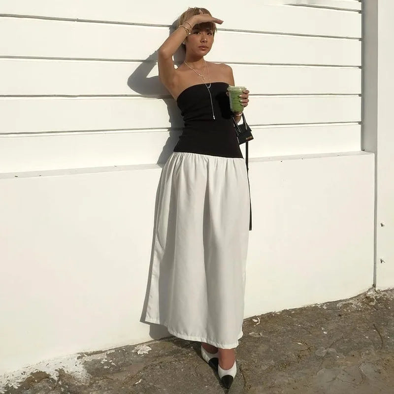 Black And White Charming Colorblock Tube Maxi Dress Open Shoulder Midi