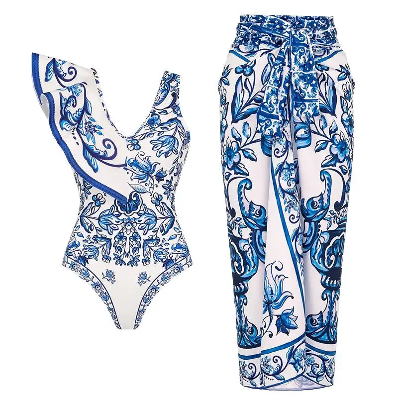 Ruffle V Neck Blue Print Two Piece Set blue set / S