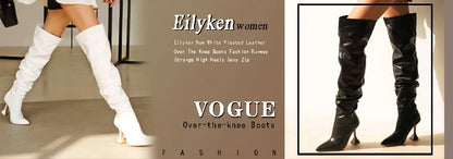 Eilyken 2024 Spring Fashion Pleated Women Boots Chunky High Heels Knee High Slip On Pointed Toe Botas Shoes