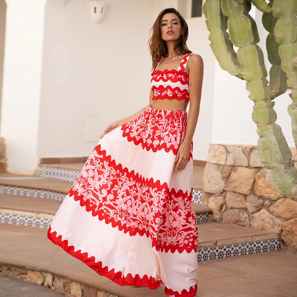 Red Wavy Stripes Skirt Two Piece Set red swimsuit and skirt / S