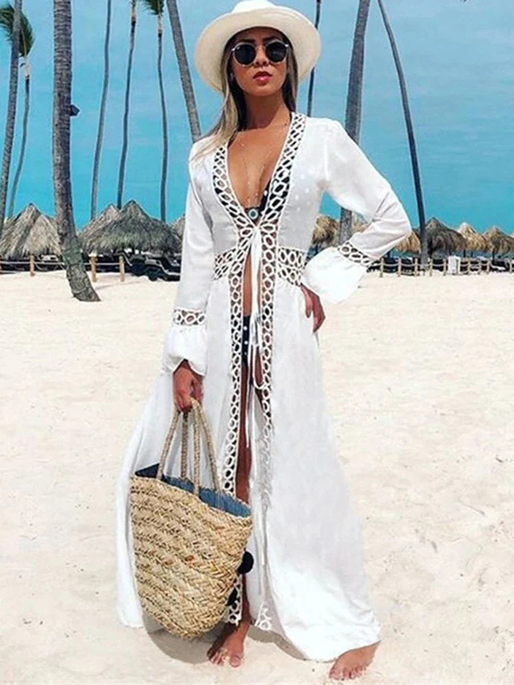 Deep V-Neck Hollow Out Bikini Cover Up WHITE / One Size