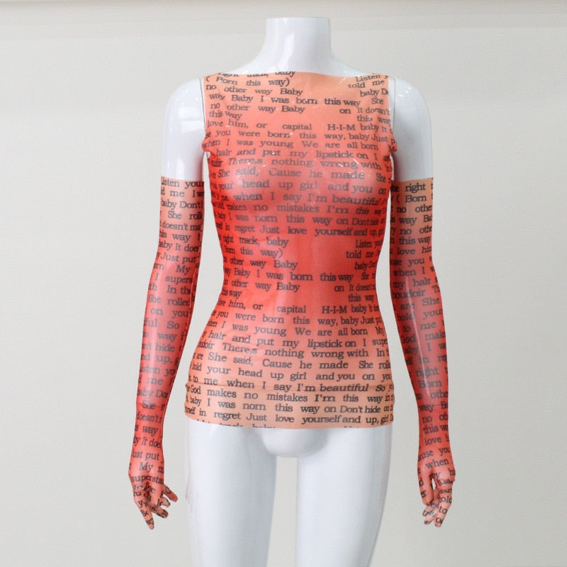 Mesh Letter Print Sleeveless Top With Gloves Free From Label