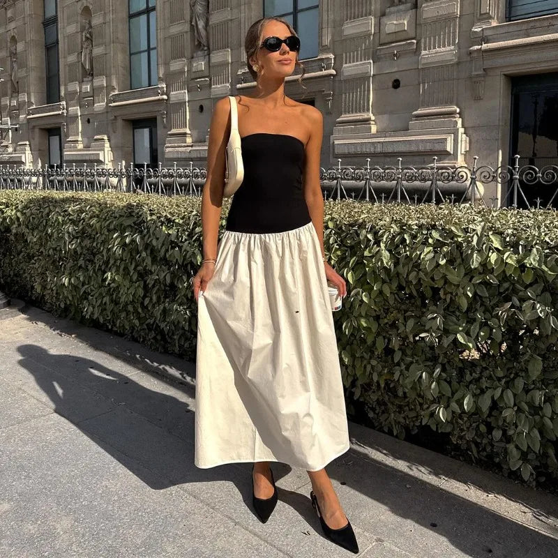 Black And White Charming Colorblock Tube Maxi Dress Open Shoulder Midi