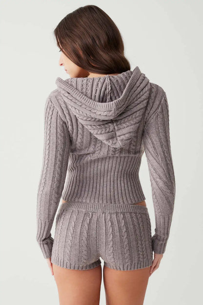 Long Sleeve Knitted V-Neck Graceful Hooded Sweater And Shorts Set