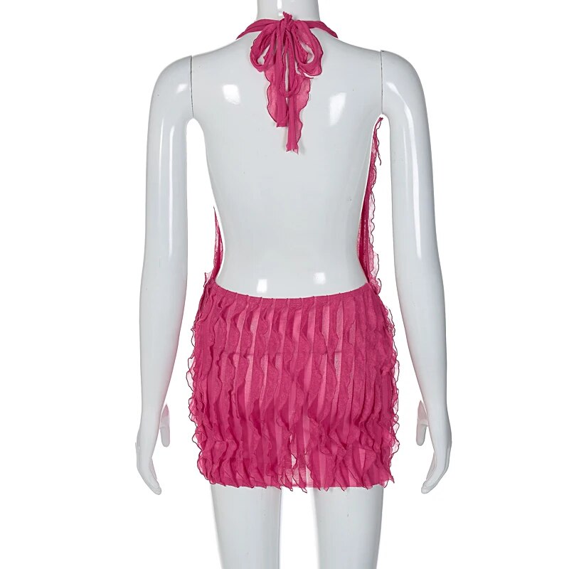 Pink Ruffles Deep Charming V-Neck Mini Dress
