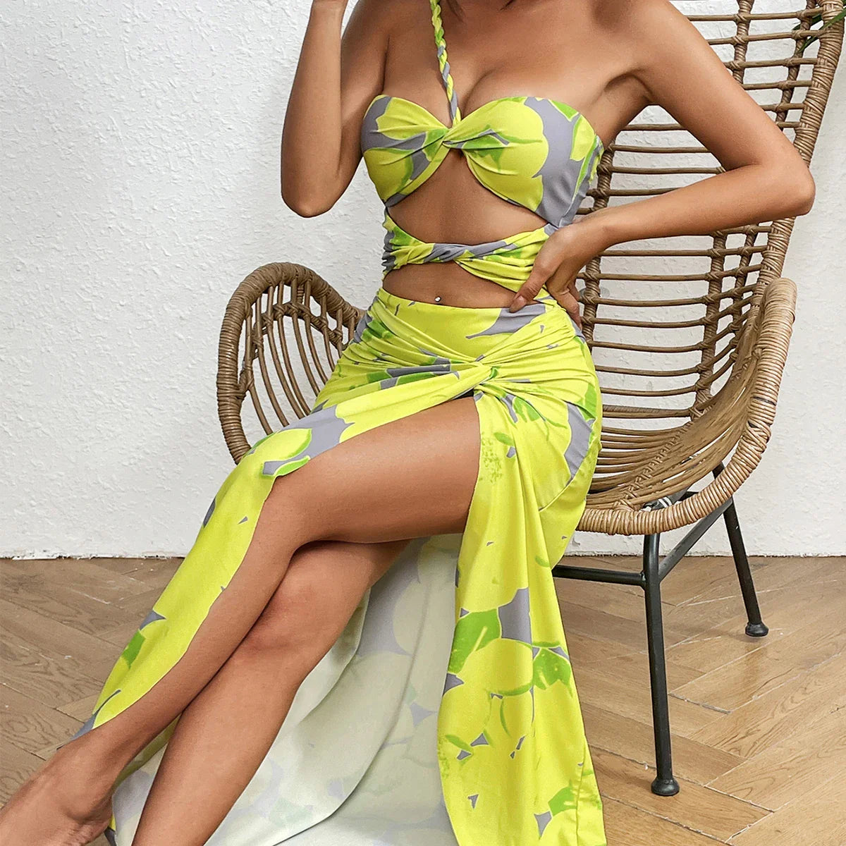One Shoulder Ruffle Cover Up Two Piece Set yellow / S