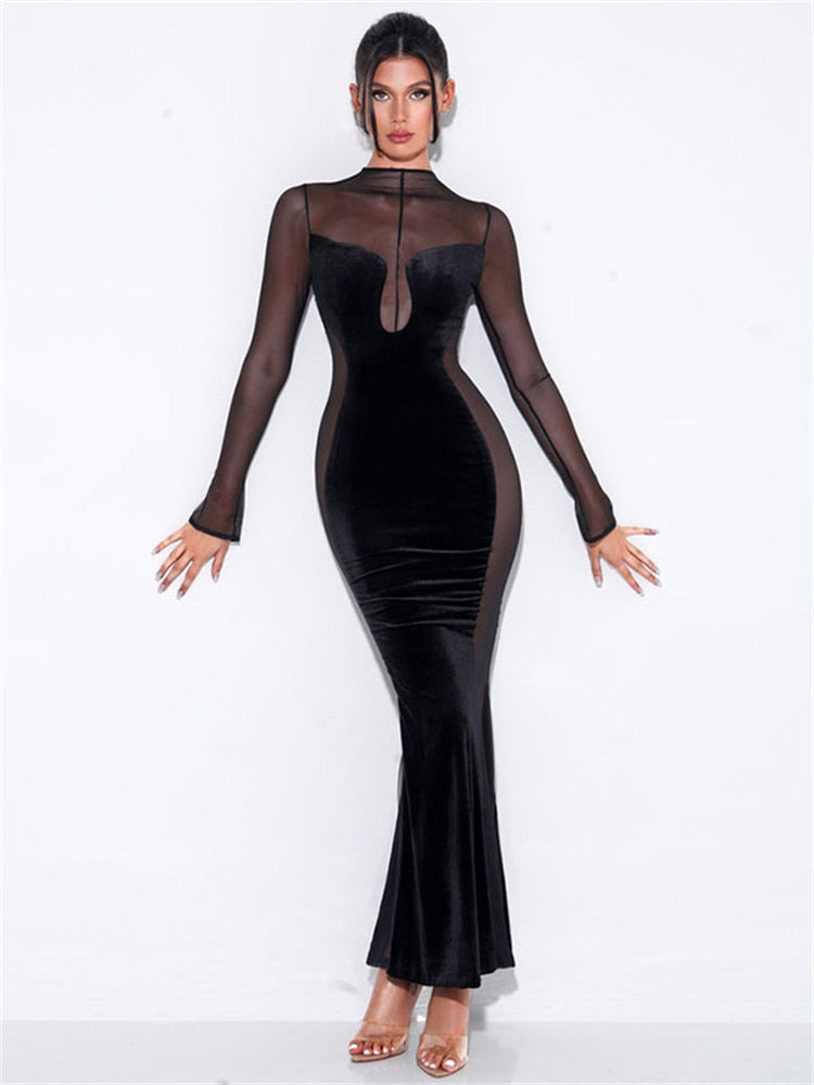 O Elegant Arm Dresses Fashion Full-Length Through Fall Party Gown Club Neck For Outfits Sexy - Long