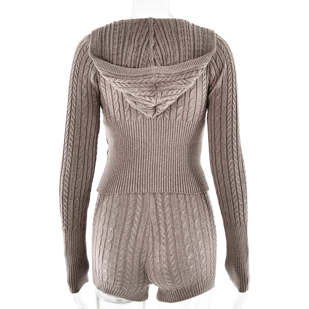 Long Sleeve Knitted V-Neck Graceful Hooded Sweater And Shorts Set