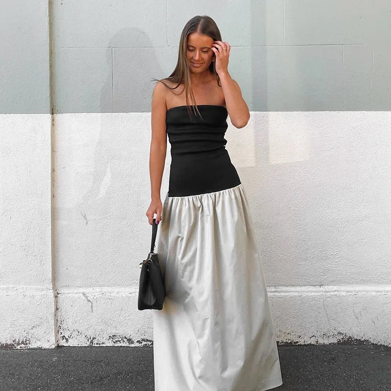 Black And White Charming Colorblock Tube Maxi Dress Open Shoulder Midi