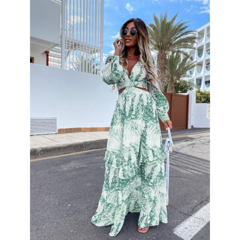 V-Neck Backless Hollow Out Lantern Sleeve Maxi Dress