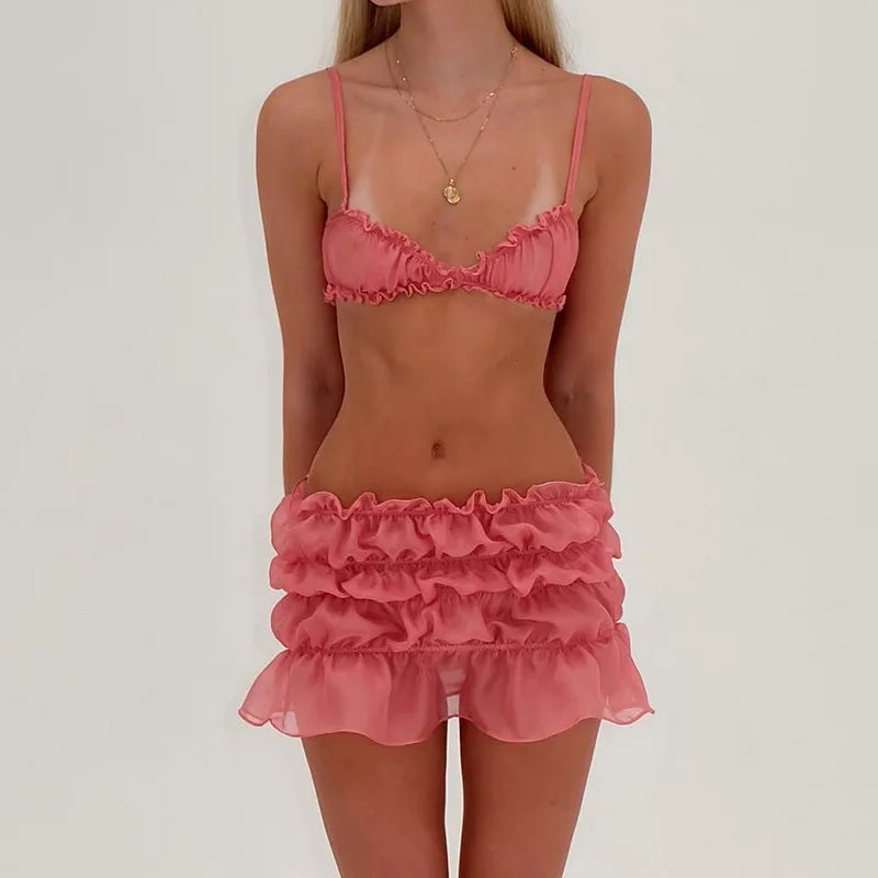 Ruched Bralette And Low Graceful Waist Mini Skirt Set