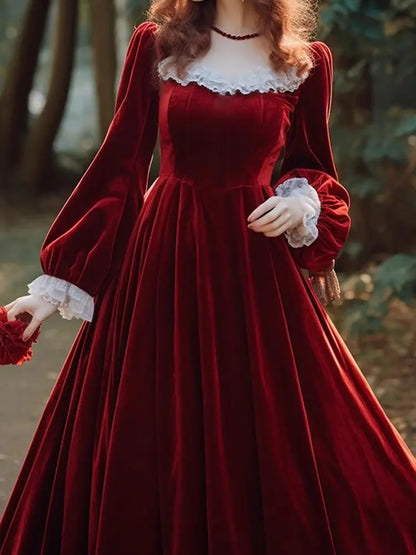 Elegant French Hepburn Velvet Drape Red Christmas Party Dress