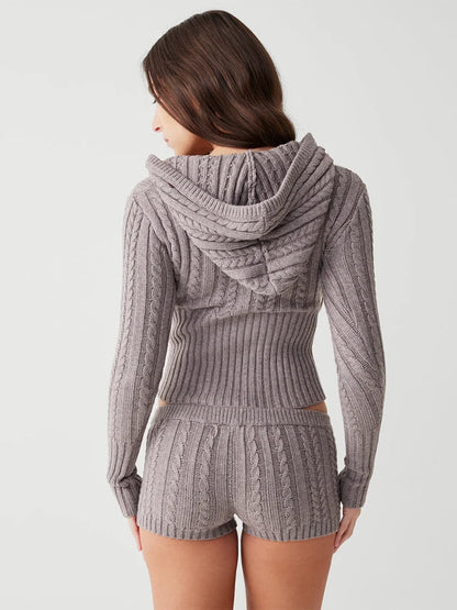 Long Sleeve Knitted V-Neck Graceful Hooded Sweater And Shorts Set