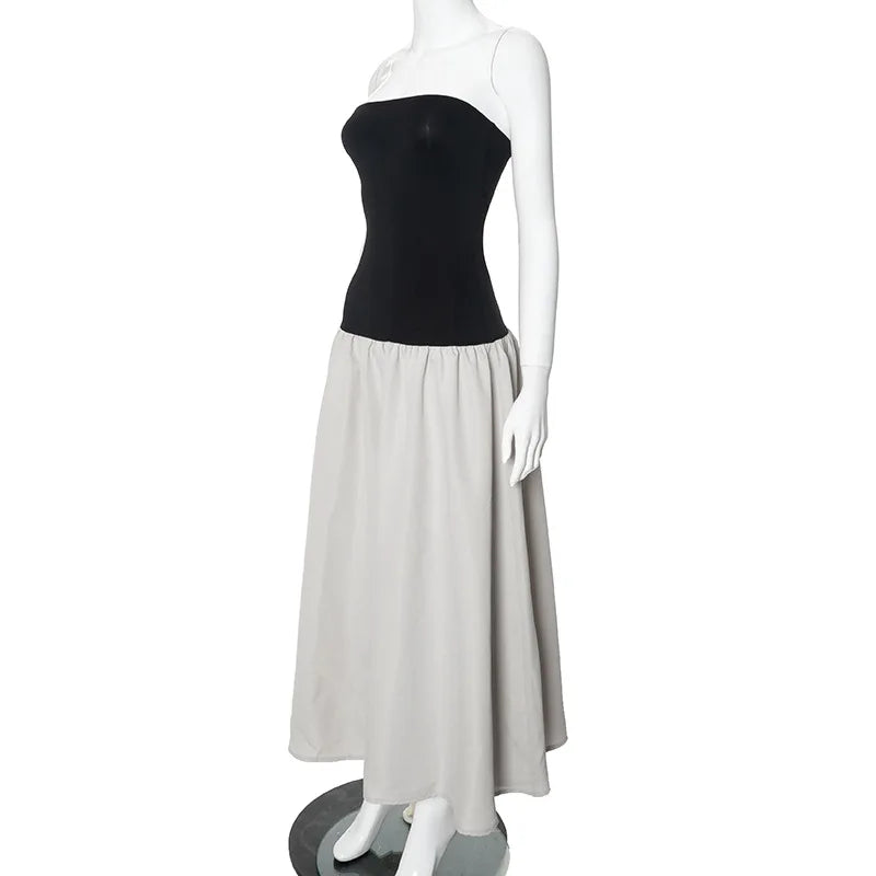 Black And White Charming Colorblock Tube Maxi Dress Open Shoulder Midi