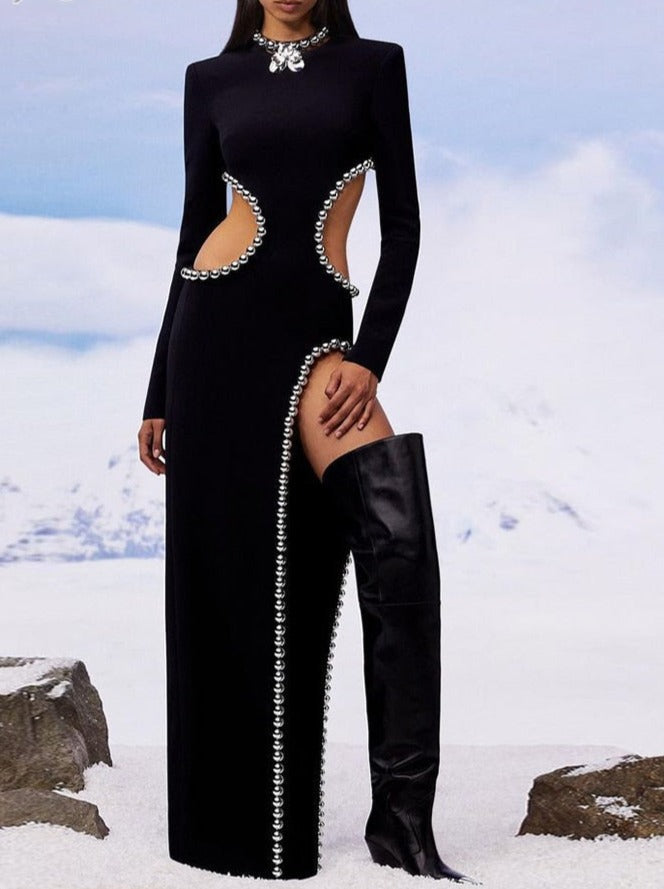 O Black Long Bodyband Sexy Beaded Women’s Cutout Gown Neck Party Celebrity Dress