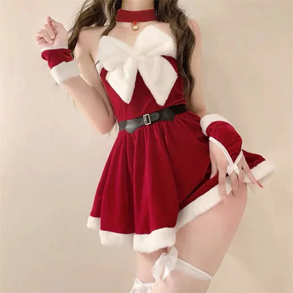 Santa Girl Carnival Party Show Red Bowdress Christmas Costume