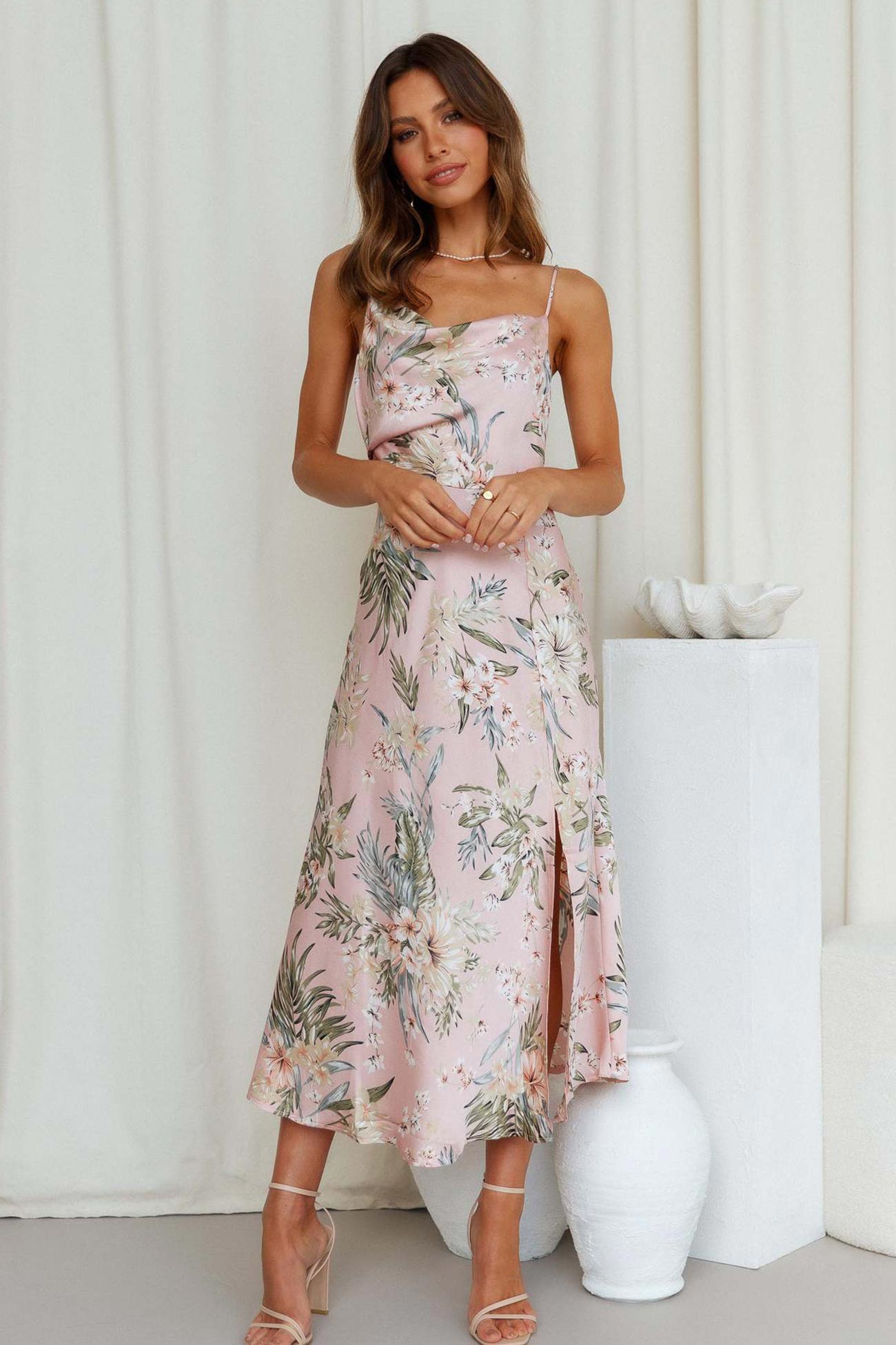 Satin Floral Print Cowl Neck Cami Dress with Slit