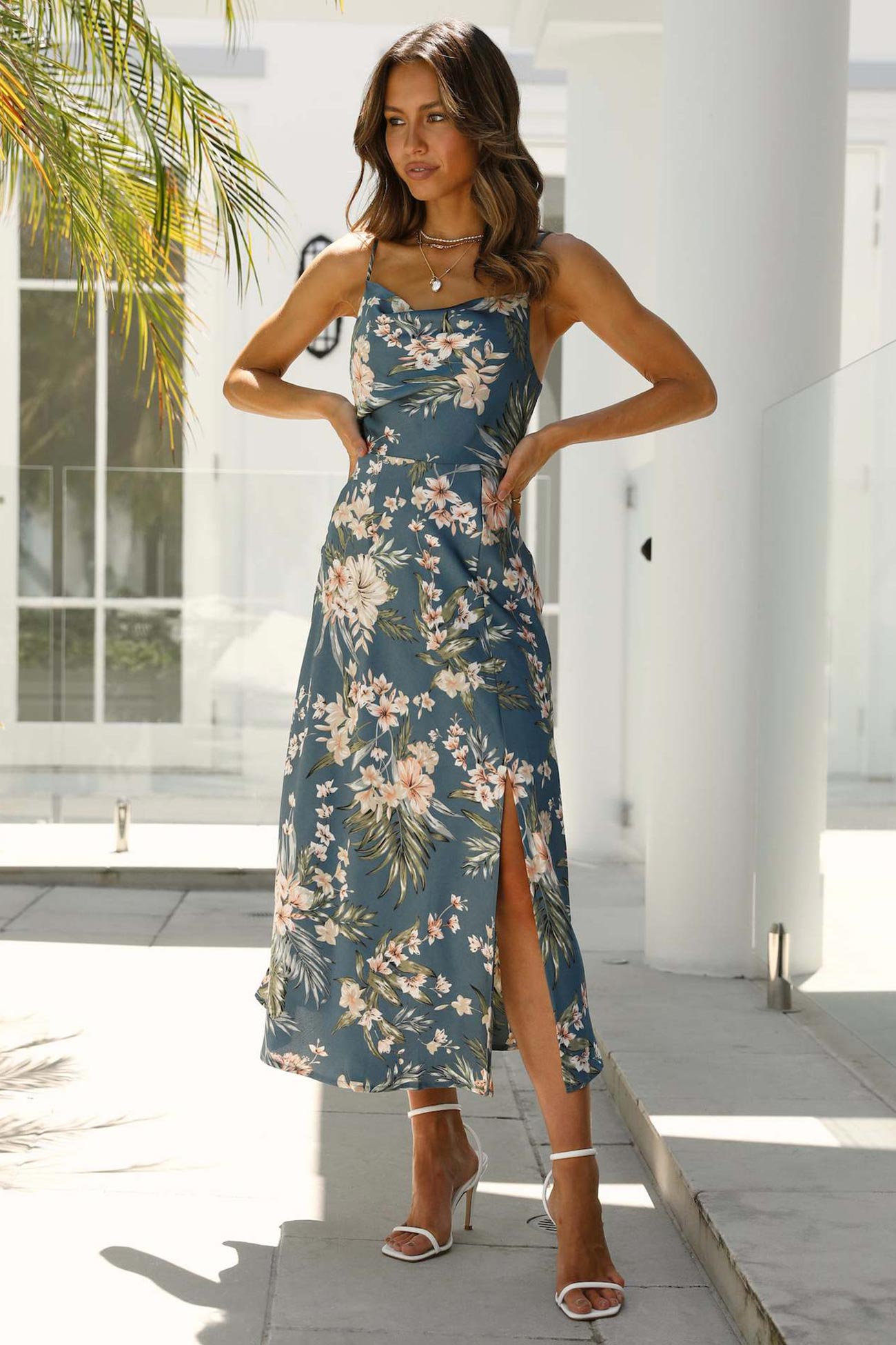 Satin Floral Print Cowl Neck Cami Dress with Slit