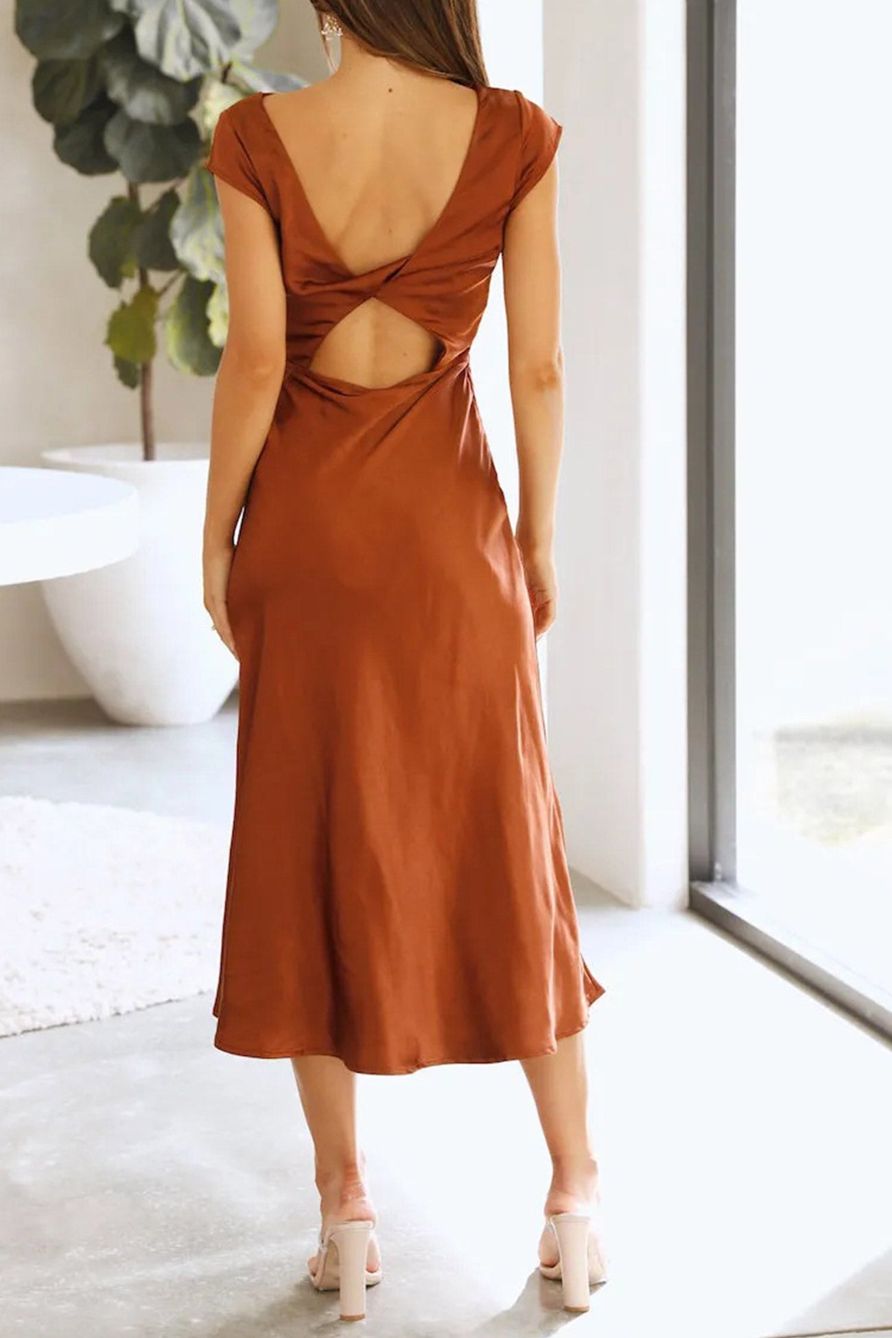 Satin Cowl Neck Dress with Twisted-back Slit