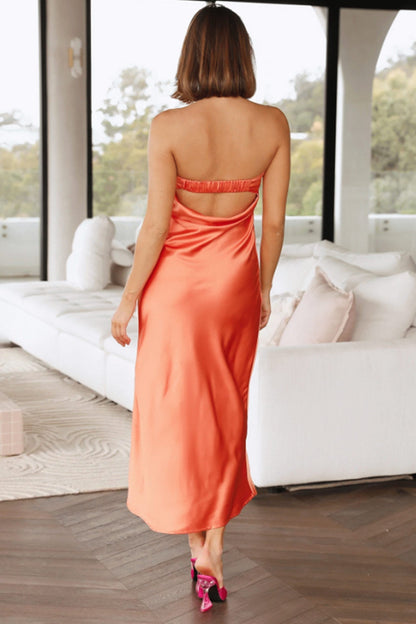 Solid Color Satin Strapless Midi Dress