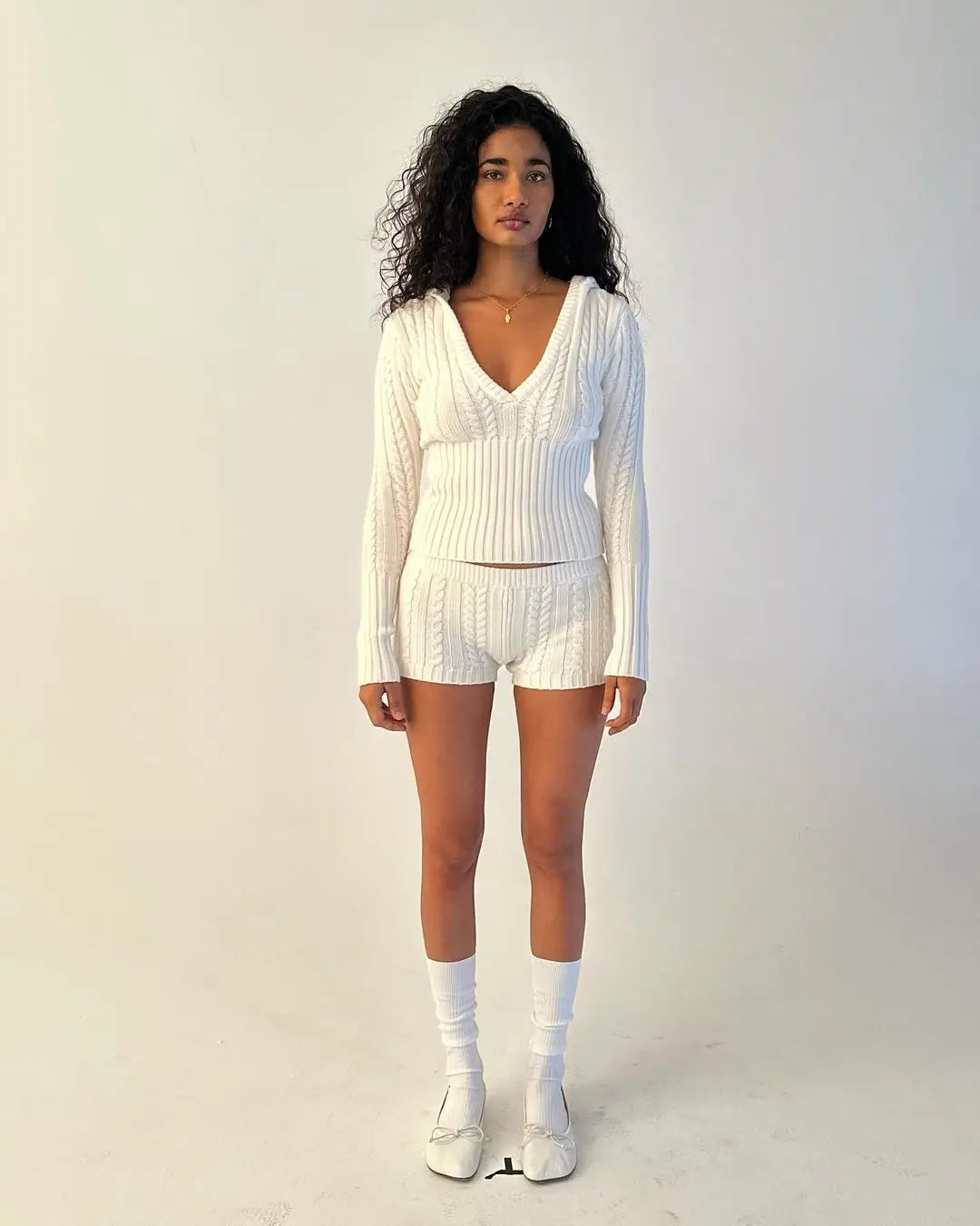 Long Sleeve Knitted V-Neck Graceful Hooded Sweater And Shorts Set