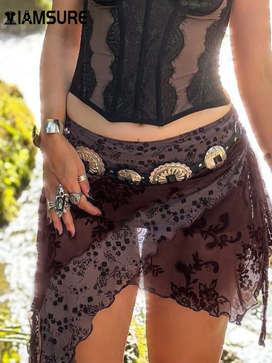 Beach Asymmetrical Floral Skirt Brown / S