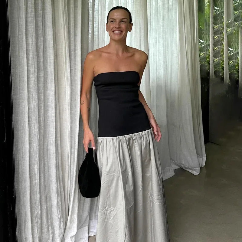 Black And White Charming Colorblock Tube Maxi Dress Open Shoulder Midi
