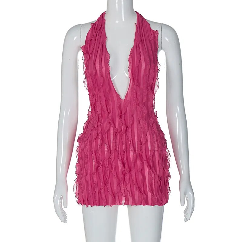 Pink Ruffles Deep Charming V-Neck Mini Dress